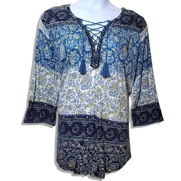 Lucky Brand Paisley Floral Blue & White 3/4 Sleeve Lace-Up V-Neck Blouse Shirt - Picture 1 of 6